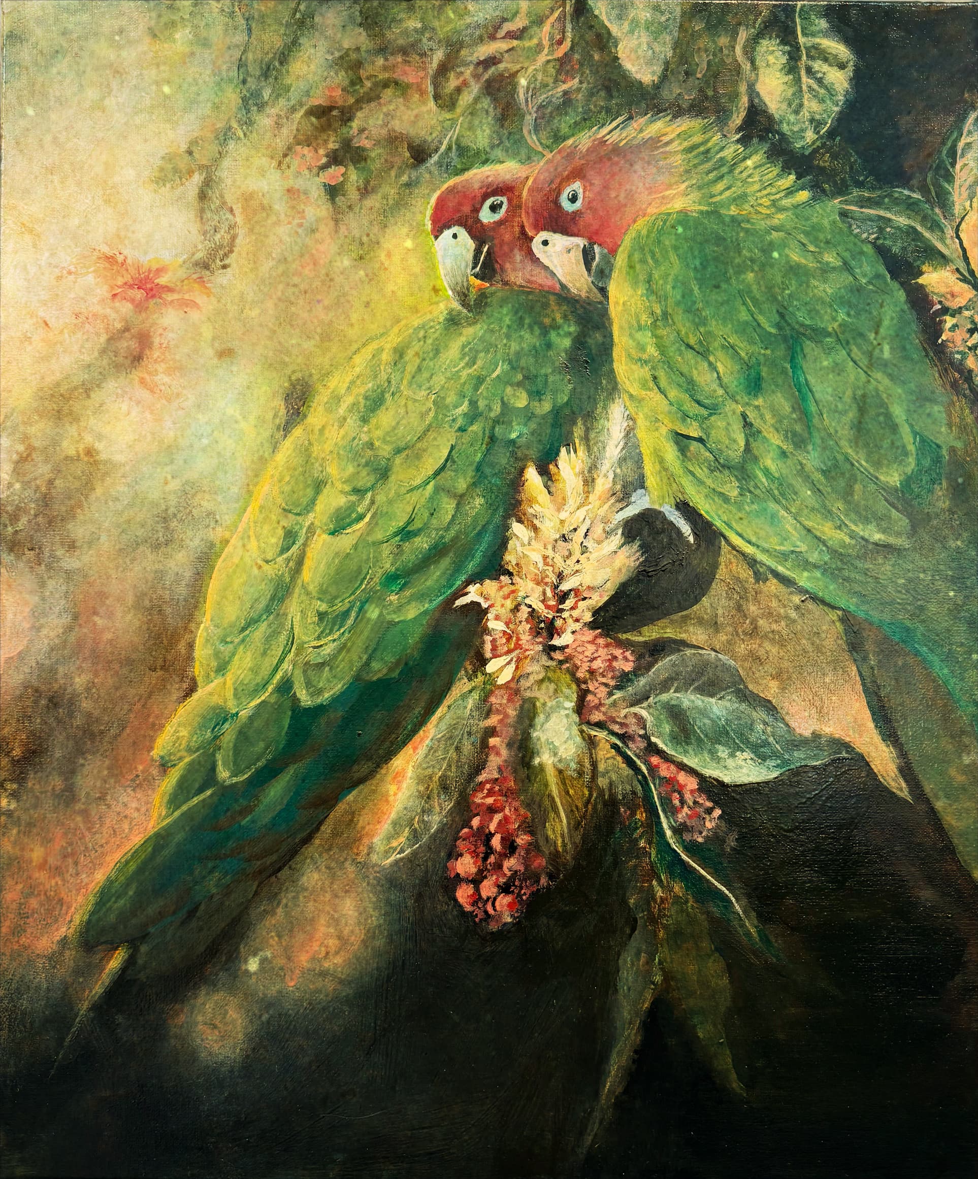 Luminous Pair — Encaustic Parrot Diptych